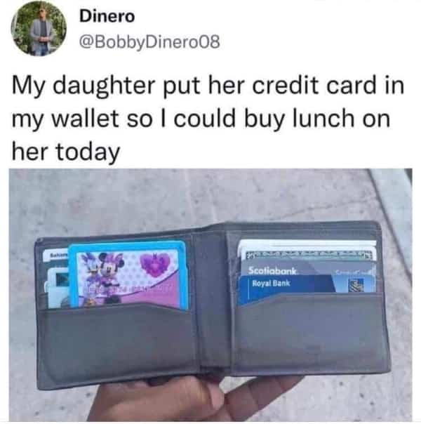 Open leather wallet containing a child's toy Minnie Mouse credit card next to real bank cards.