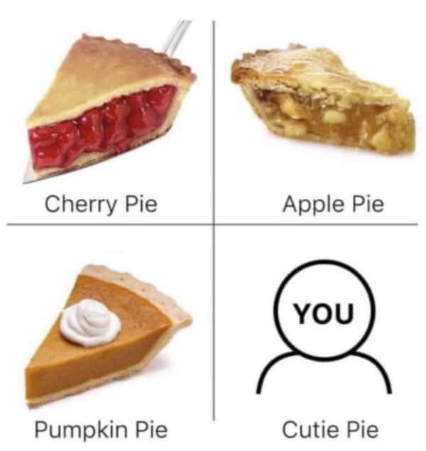 Four-panel graphic showing cherry, apple, and pumpkin pie alongside a "cutie pie" stick figure.