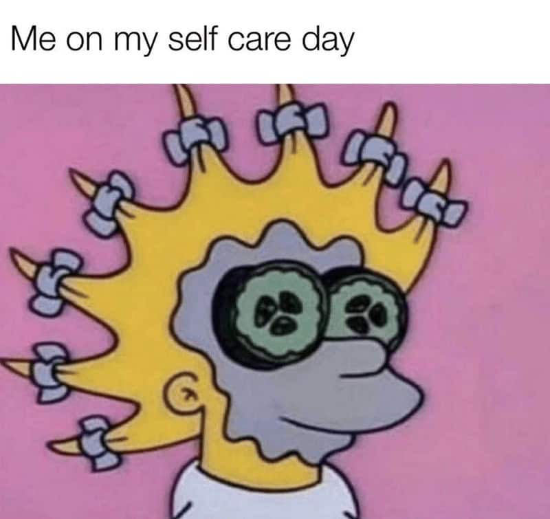 A cartoon character relaxing with hair curlers and cucumber slices over her eyes in a classic women meme about fully embracing a self-care day, perfect for sharing in a group chat of memes for women.