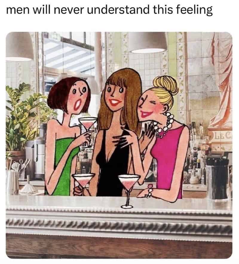 An illustration of three girlfriends leaning in close to intensely gossip over cocktails at a bar in a women meme captioned men will never understand this feeling, a highly accurate addition to memes for women.