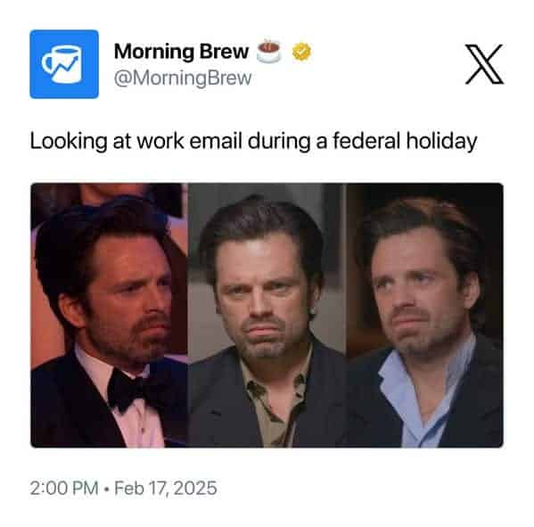 Three side-by-side images of Sebastian Stan looking increasingly exhausted, labeled as checking work email on a holiday.