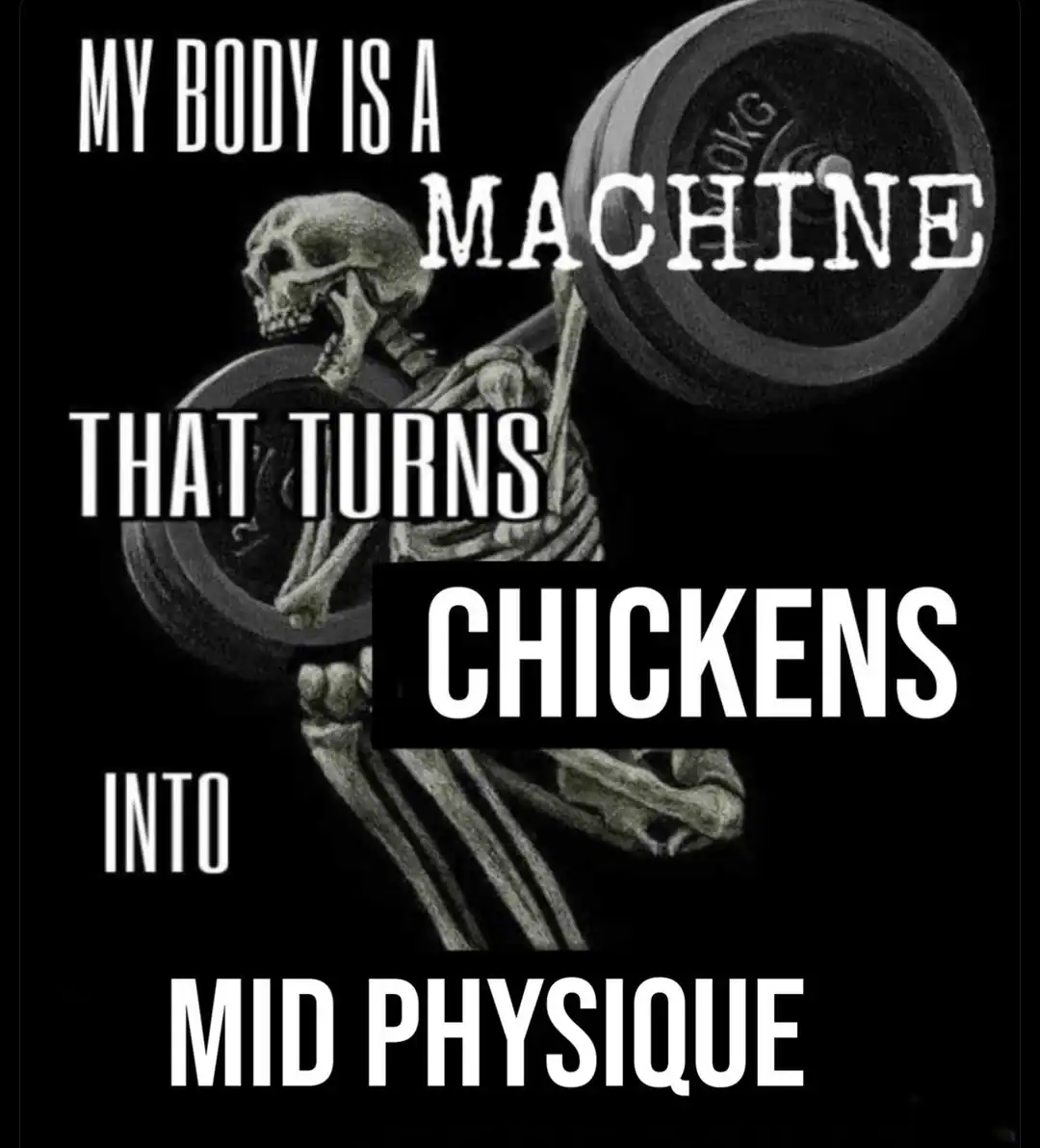 relatable gym meme showing a heavy metal skeleton lifting weights, paired with a self-deprecating text overlay declaring the human body is a machine that turns chickens into a mid physique, a classic workout meme.