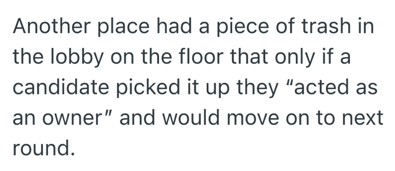 Text story about a company using a piece of trash on the floor as a test.