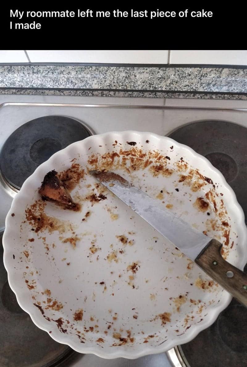 passive-aggressive move from one of the worst roommates. A white pie dish is empty except for a tiny, jagged crumb of cake left in the corner. The caption reads, "My roommate left me the last piece of cake I made."