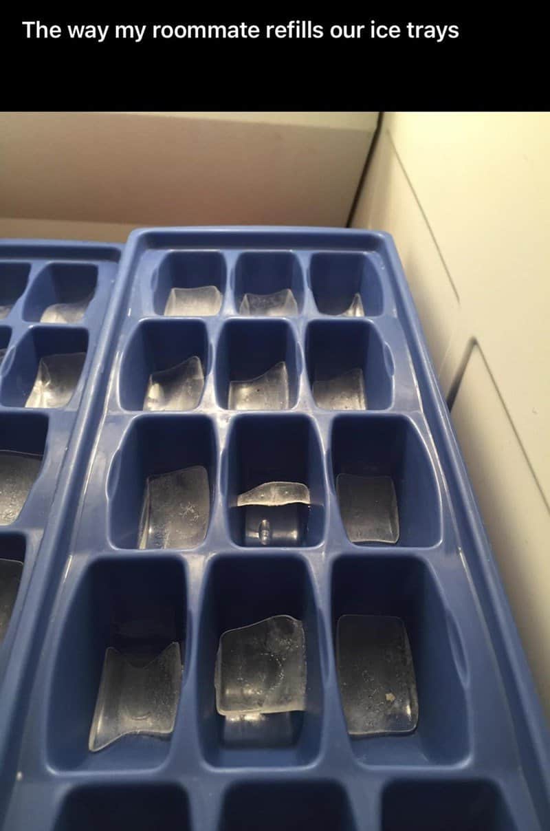 infuriating worst roommates ice tray "refill." The blue plastic tray is back in the freezer, but instead of full cubes, each slot contains only a paper-thin sliver of frozen water—the bare minimum effort to avoid an empty tray.