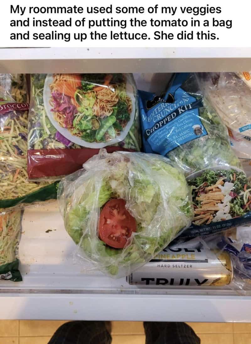 "technically sealed" disaster from one of the worst roommates. Inside a fridge, a half-eaten tomato has been placed directly inside an open bag of iceberg lettuce, with the thin plastic of the produce bag loosely wrapped around both.