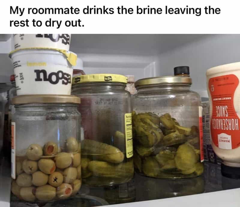 disturbing worst roommates hygiene issue in the fridge. A collection of jars—including olives and pickles—sit on a shelf, but all of them are bone-dry. The roommate apparently drinks the brine and leaves the contents to shrivel and dry out.