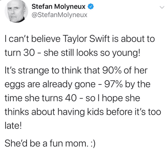 Controversial tweet by Stefan Molyneux discussing Taylor Swift's age and her remaining reproductive egg count.