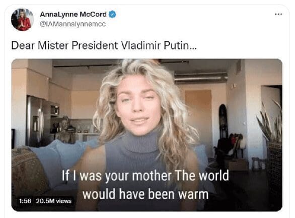 Screen capture of AnnaLynne McCord's viral video poem addressed to Vladimir Putin about being his mother.
