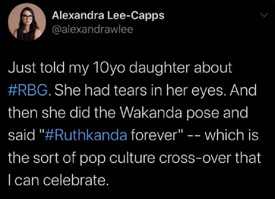Post about a daughter doing a Wakanda pose and saying Ruthkanda forever after learning about RBG.