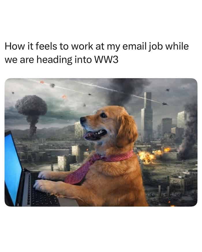 A golden retriever wearing a tie using a laptop while a nuclear explosion occurs behind.