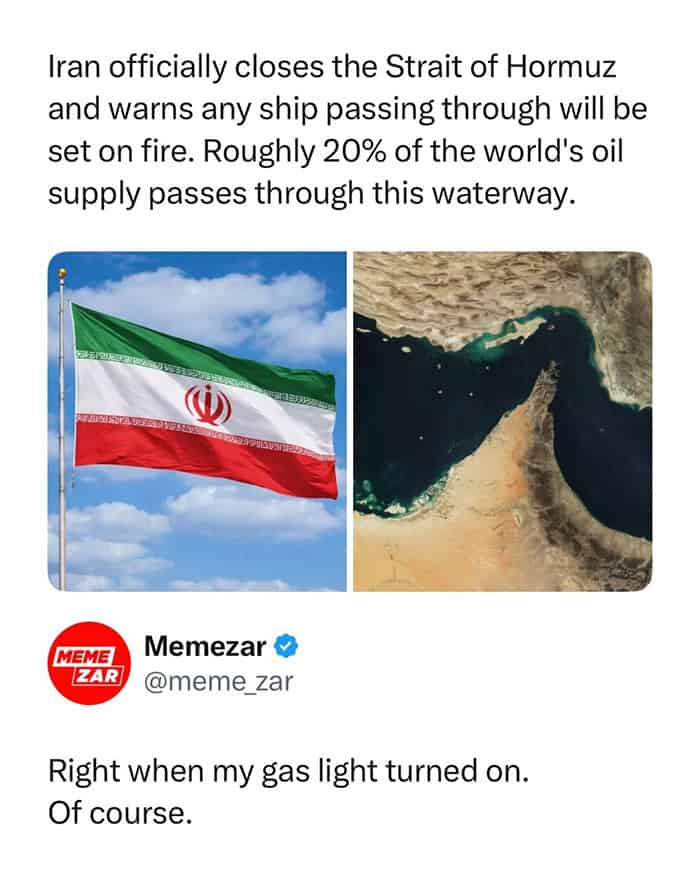 News report of Iran closing the Strait of Hormuz paired with a comment about gas prices.