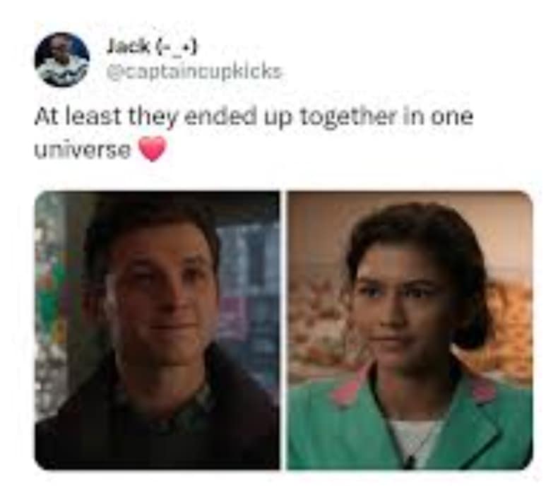 Emotional Tom Holland memes showing Peter Parker and MJ smiling at each other in the coffee shop, with a fan jokingly comforting themselves that the actors ended up together in the real universe.