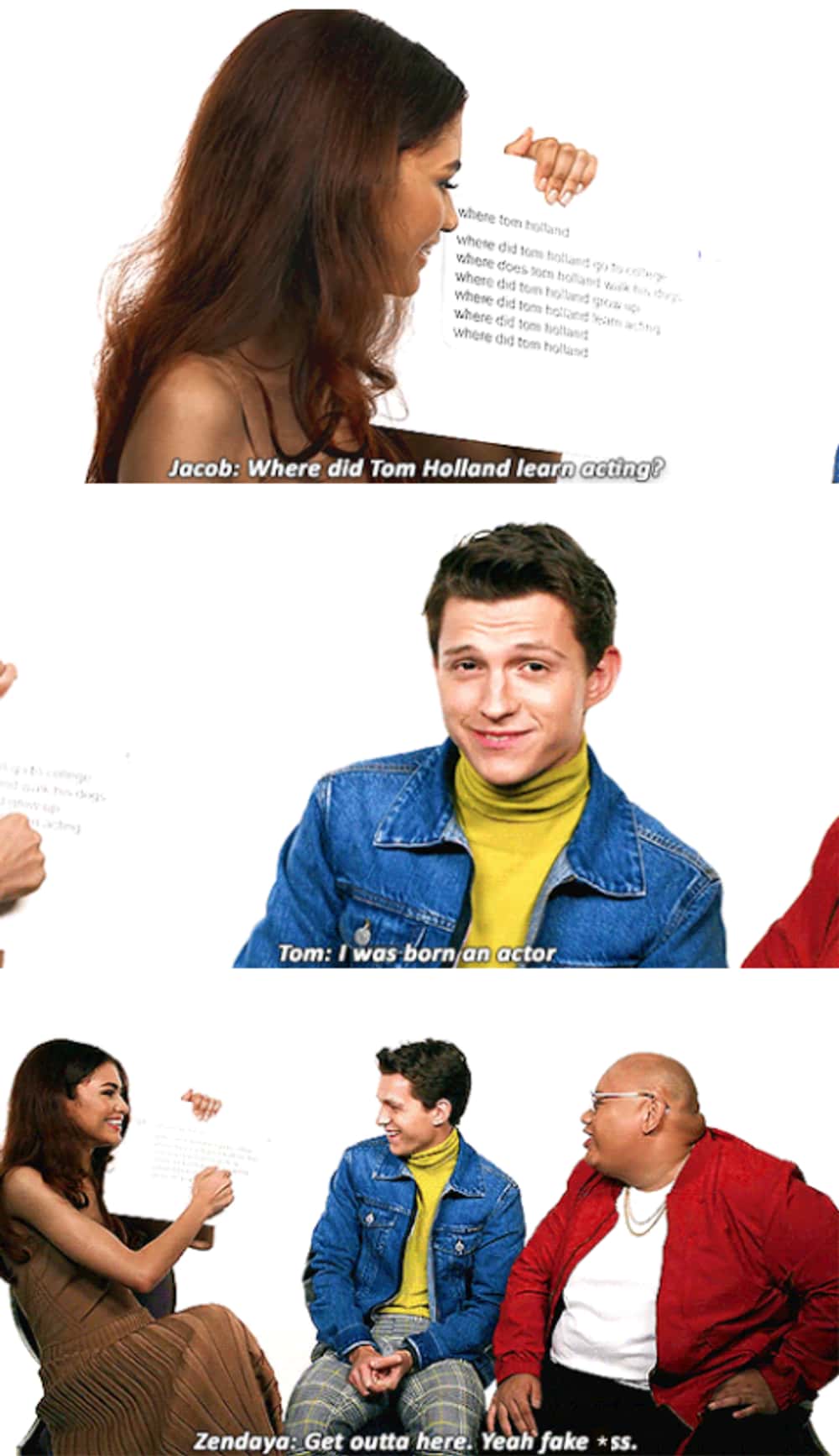 Tom Holland memes featuring a wired autocomplete interview where Tom boasts he was born an actor and Zendaya immediately roasts him by calling him a fake.