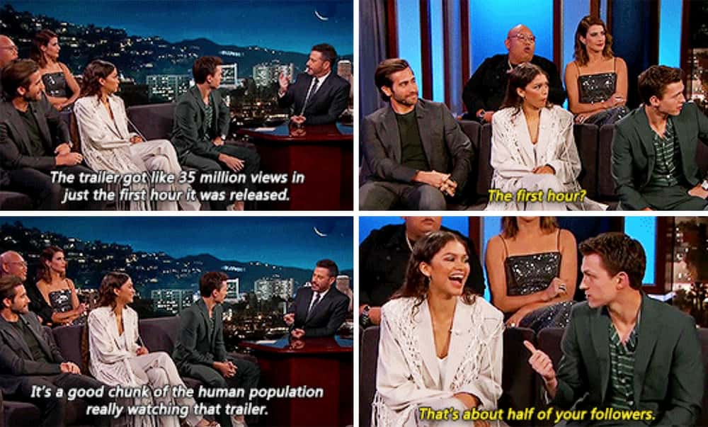 Jimmy Kimmel interview moment showing Tom Holland smoothly complimenting Zendaya's massive Instagram follower count after discussing their movie trailer breaking records in these Zendaya memes.