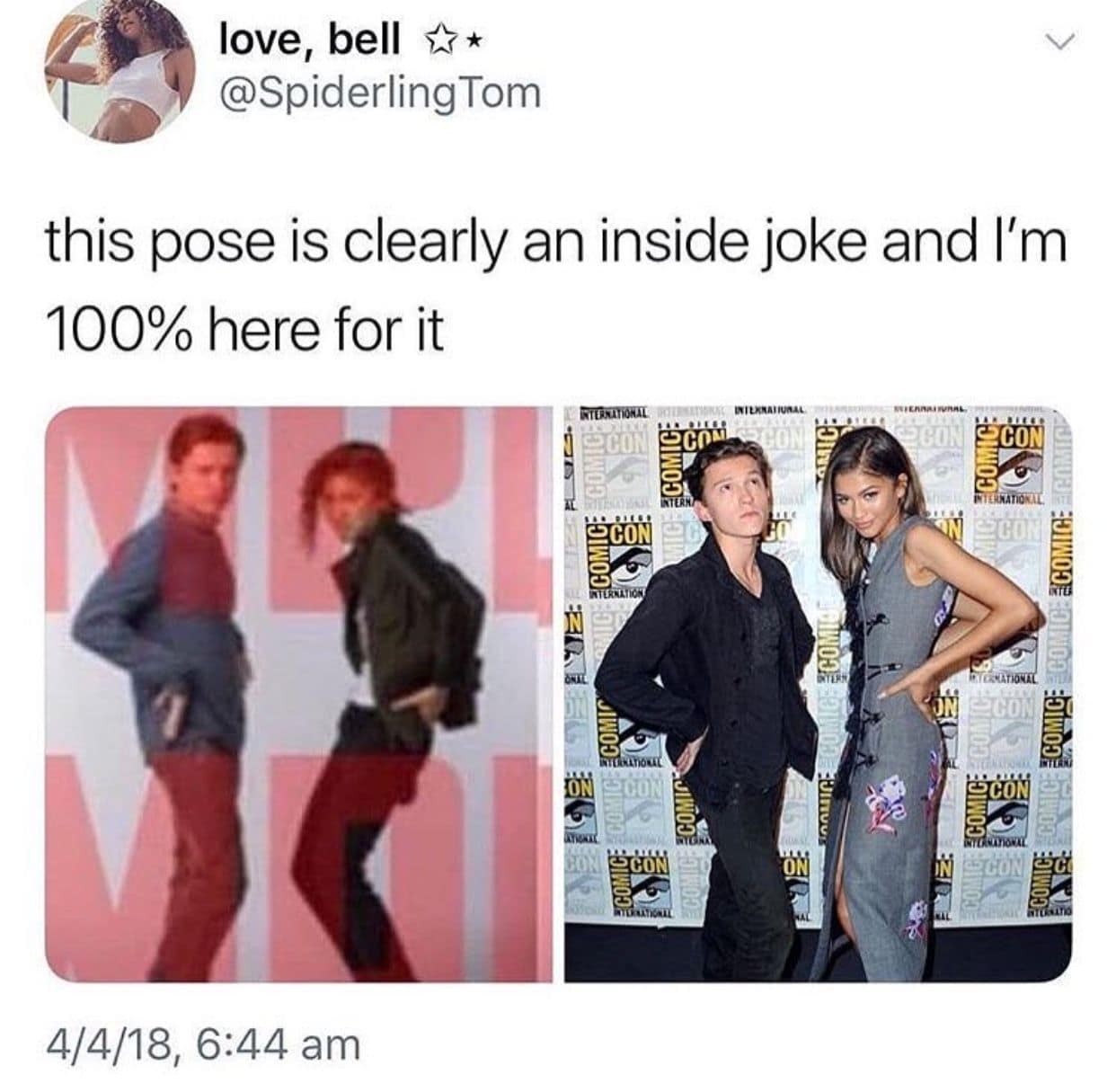 A wholesome Zendaya and Tom Holland meme comparing a blurry old photo of their awkward stance to a modern red carpet picture where they flawlessly recreate the exact same inside joke pose.
