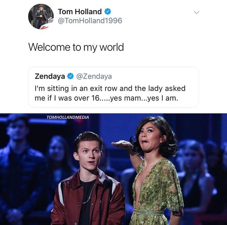 Brilliant Zendaya memes featuring her tweet about being mistaken for a 16-year-old, with Tom replying "Welcome to my world" paired with a photo of her playfully patting his head.