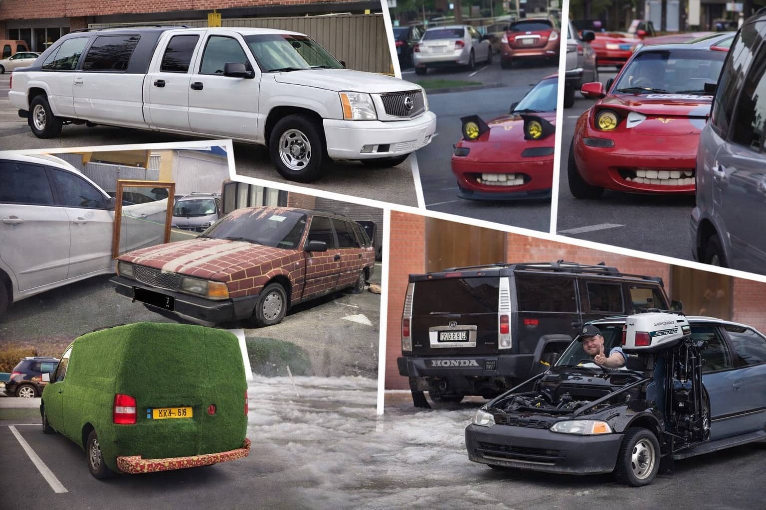 Collage of bad car mod examples including a grass-covered van and a car with teeth.