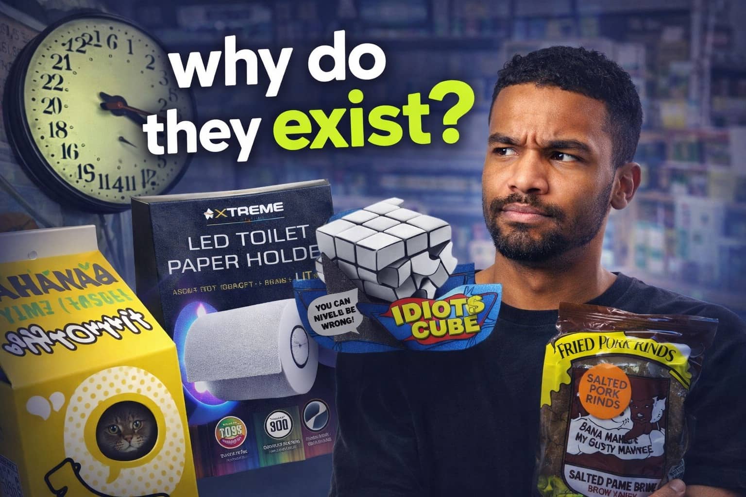 Man looking confused at a collection of stupid products like an LED toilet paper holder.