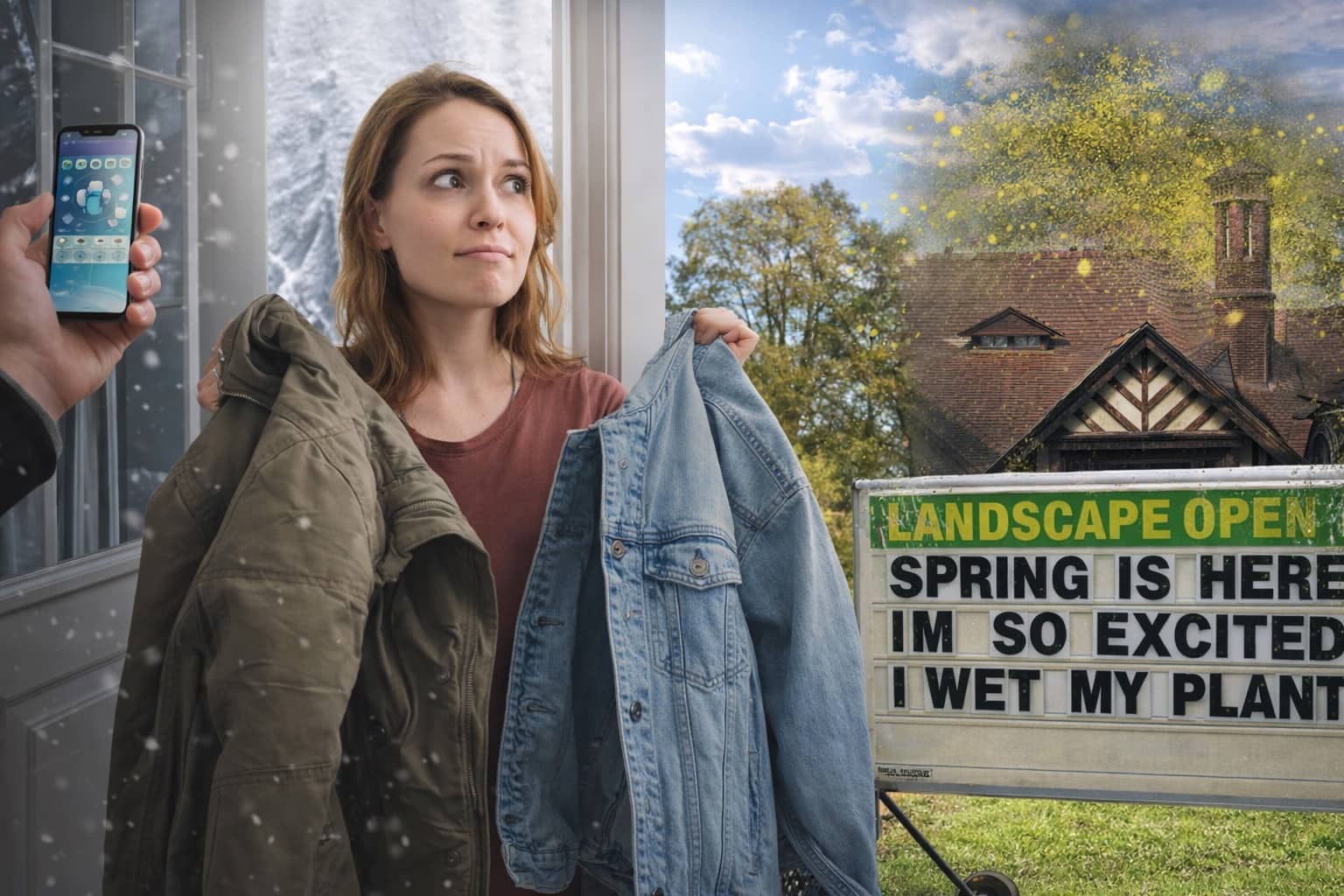 Relatable spring memes showing a woman holding two jackets next to a funny garden sign.