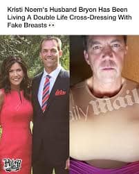 A viral Bryon Noem meme showing a side-by-side comparison: a formal photo of Kristi Noem and her husband next to a grainy, controversial edit of a man wearing massive prosthetic breasts under a "Daily Mail" watermark.