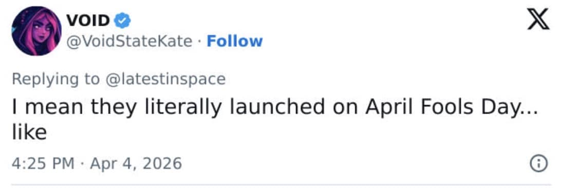 skeptical artemis 2 meme tweet from VOID (@VoidStateKate) that offers a simple explanation for the mission's technical failures: "I mean they literally launched on April Fools Day... like."