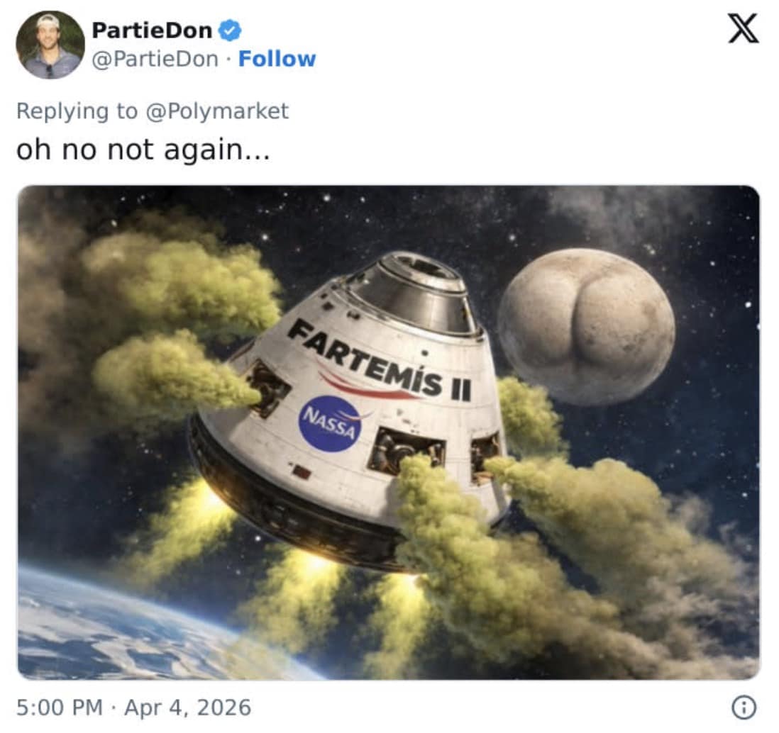 A crude and funny picture from a meme dump showing the Orion capsule in orbit, edited to say "FARTEMIS II." Yellowish gas clouds are shown leaking from the spacecraft while a moon with a butt-shaped craters looms in the background.