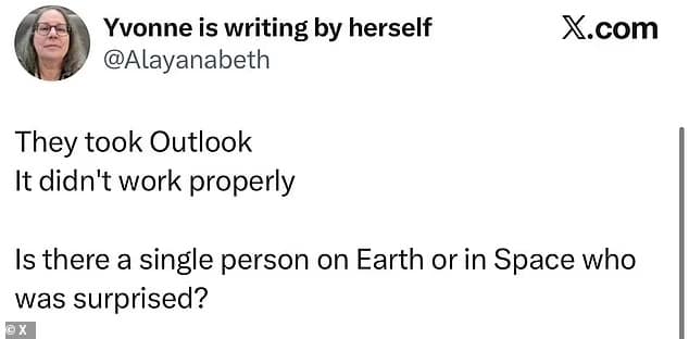A cynical artemis ii meme tweet by Yvonne that highlights the universal struggle with enterprise software, noting that nobody on Earth or in space was surprised when Outlook failed to work properly on the Orion capsule.