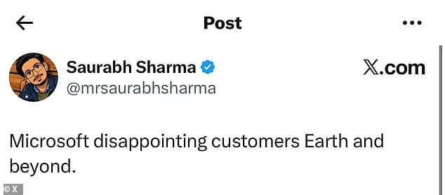 punchy artemis 2 meme tweet from Saurabh Sharma stating: "Microsoft disappointing customers Earth and beyond," following reports of software issues during the lunar flyby.
