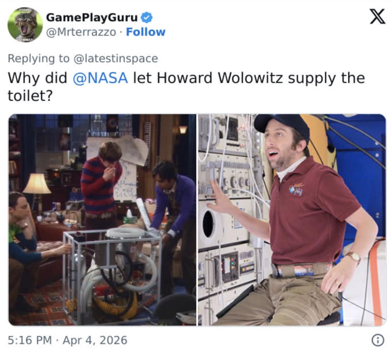 A pop-culture artemis ii meme comparing NASA’s engineering to The Big Bang Theory. It shows images of Howard Wolowitz and asks why NASA let him supply the mission's faulty toilet system.