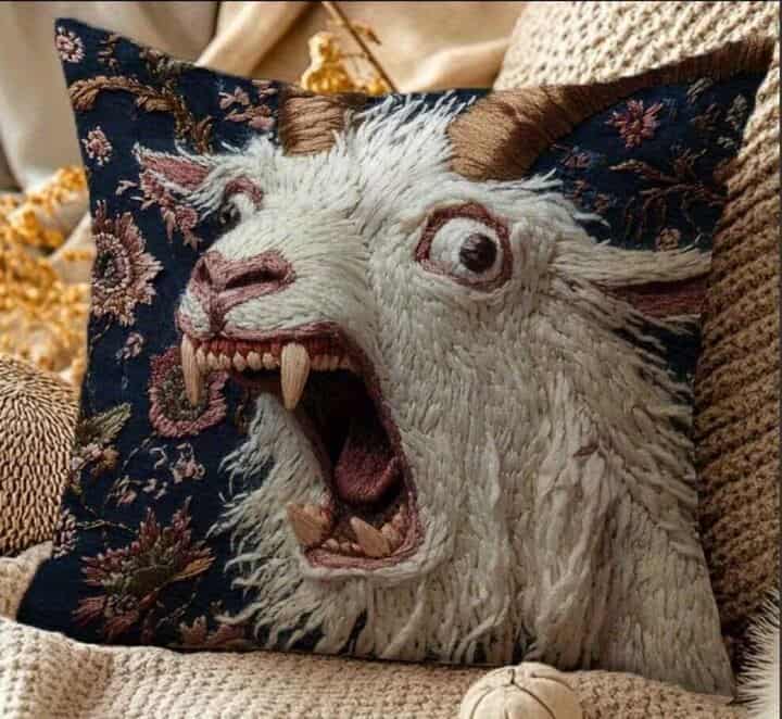 A square throw pillow featuring an incredibly high-detail embroidery of a screaming white goat with uncanny human-like teeth, perfectly capturing the essence of awful taste but great execution.