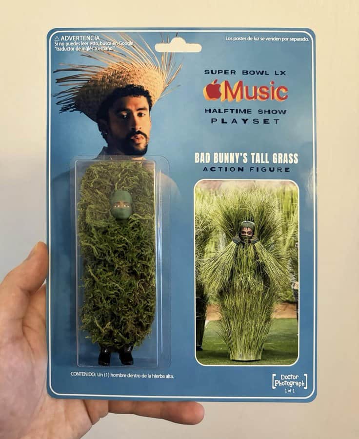 custom action figure in a professional retail blister pack titled "Bad Bunny’s Tall Grass Action Figure." The "toy" is literally a rectangular block of synthetic moss with a tiny masked head poking out, referencing a Super Bowl performance.