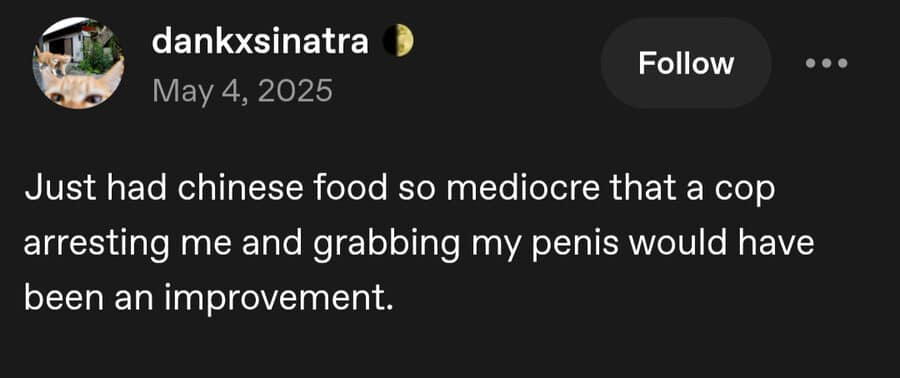 absurd text-based classic meme from a social media post stating: "Just had chinese food so mediocre that a cop arresting me and grabbing my [redacted] would have been an improvement."