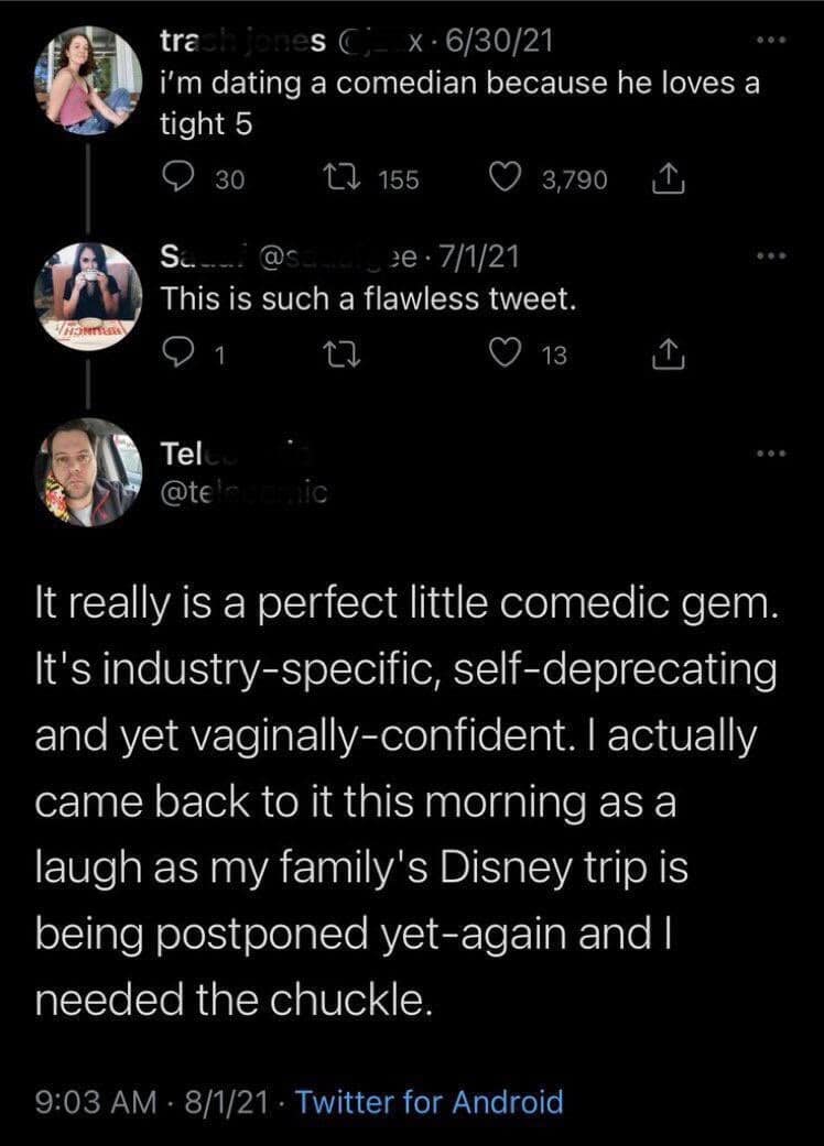 screenshot of a classic meme Twitter thread. After a user jokes about dating a comedian because he "loves a tight 5," a pretentious reply provides an overly serious analysis of the pun, calling it "industry-specific" and "vaginally-confident."