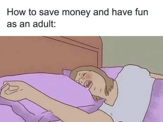 A relatable classic meme showing a simplified cartoon of a person sleeping deeply in a bed with purple sheets and their mouth wide open. The text above reads: "How to save money and have fun as an adult:".