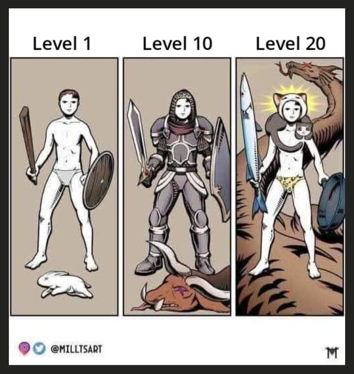 A d&d meme illustrating the "Progression Paradox." At Level 1, a warrior has a stick; at Level 10, they have legendary plate armor; but at Level 20, the character is a half-naked person in a cat onesie killing a dragon with a giant tuna and a frying pan.