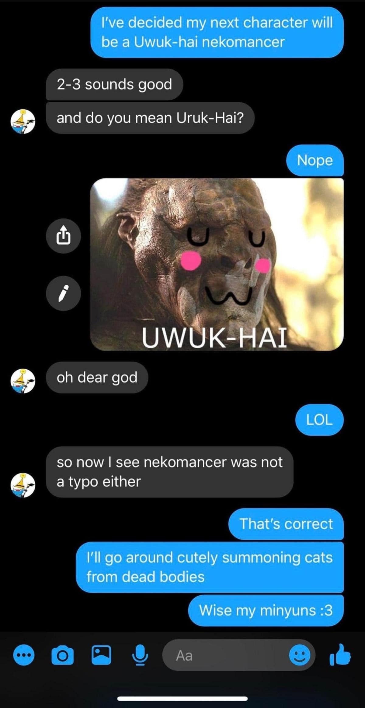 A cursed d&d meme text exchange where a player forces their DM to accept a "Uwuk-hai nekomancer" character, including a Lord of the Rings Orc edited with pink blush and a cat-like "UwU" mouth.