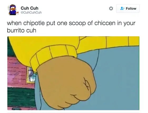 fast food meme using the legendary "Arthur’s Fist" image. The caption perfectly captures the internal rage of a customer watching a Chipotle employee provide a single, meager scoop of chicken for their burrito.