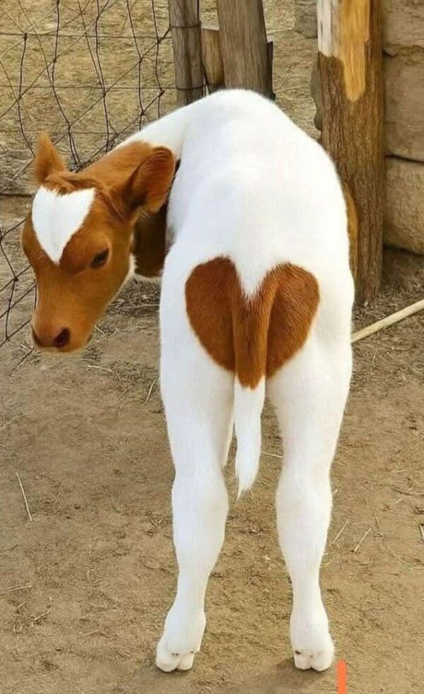 A wholesome funny animal picture of a baby calf with a perfectly shaped brown heart-mark on its white fur, positioned right above its tail, while it glancing back at the camera.