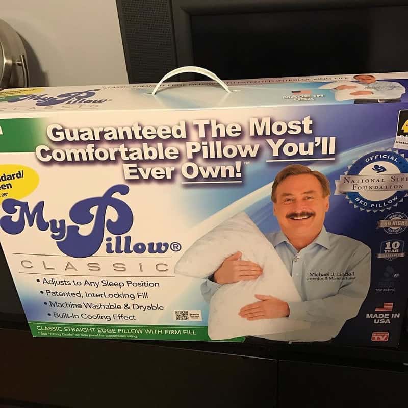 MyPillow Classic box featuring inventor Michael Lindell with comfort guarantee claim