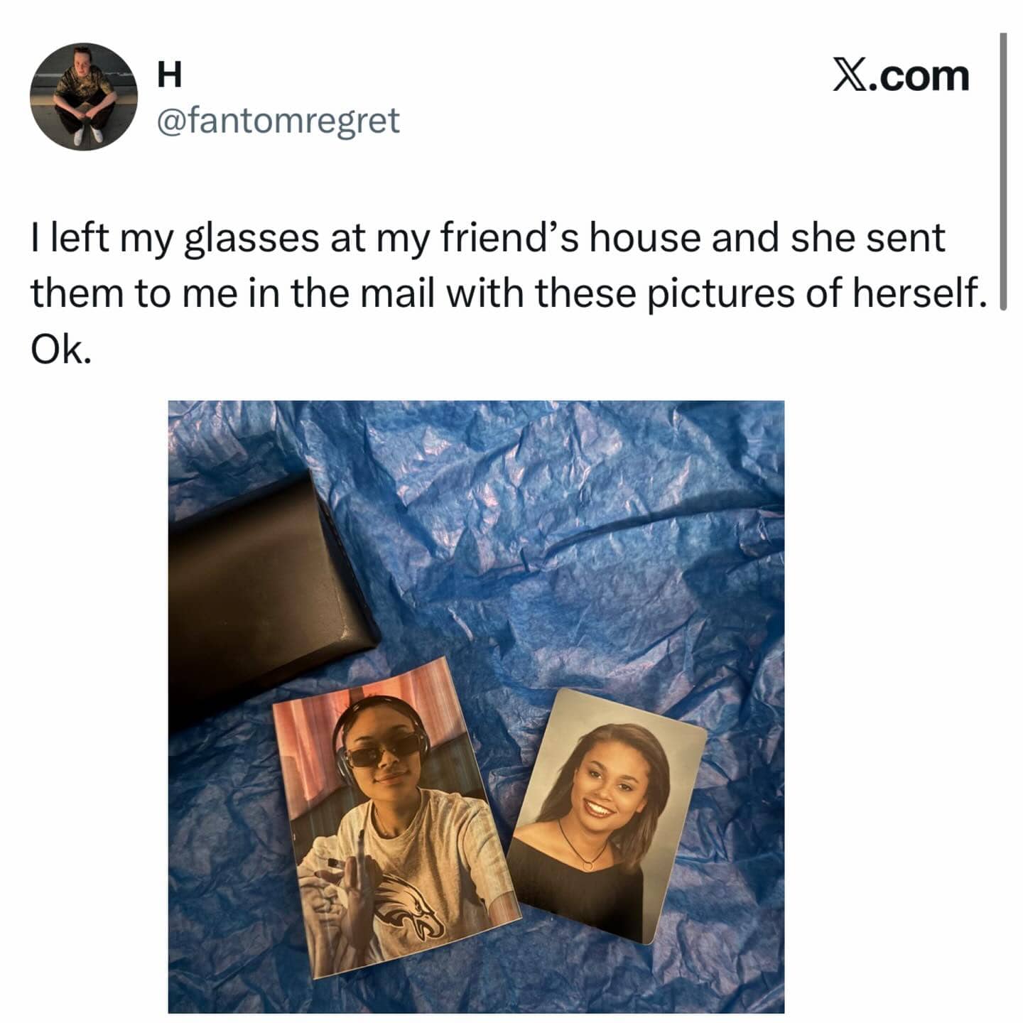 Social media post about a friend returning lost glasses with humorous printed selfies included.