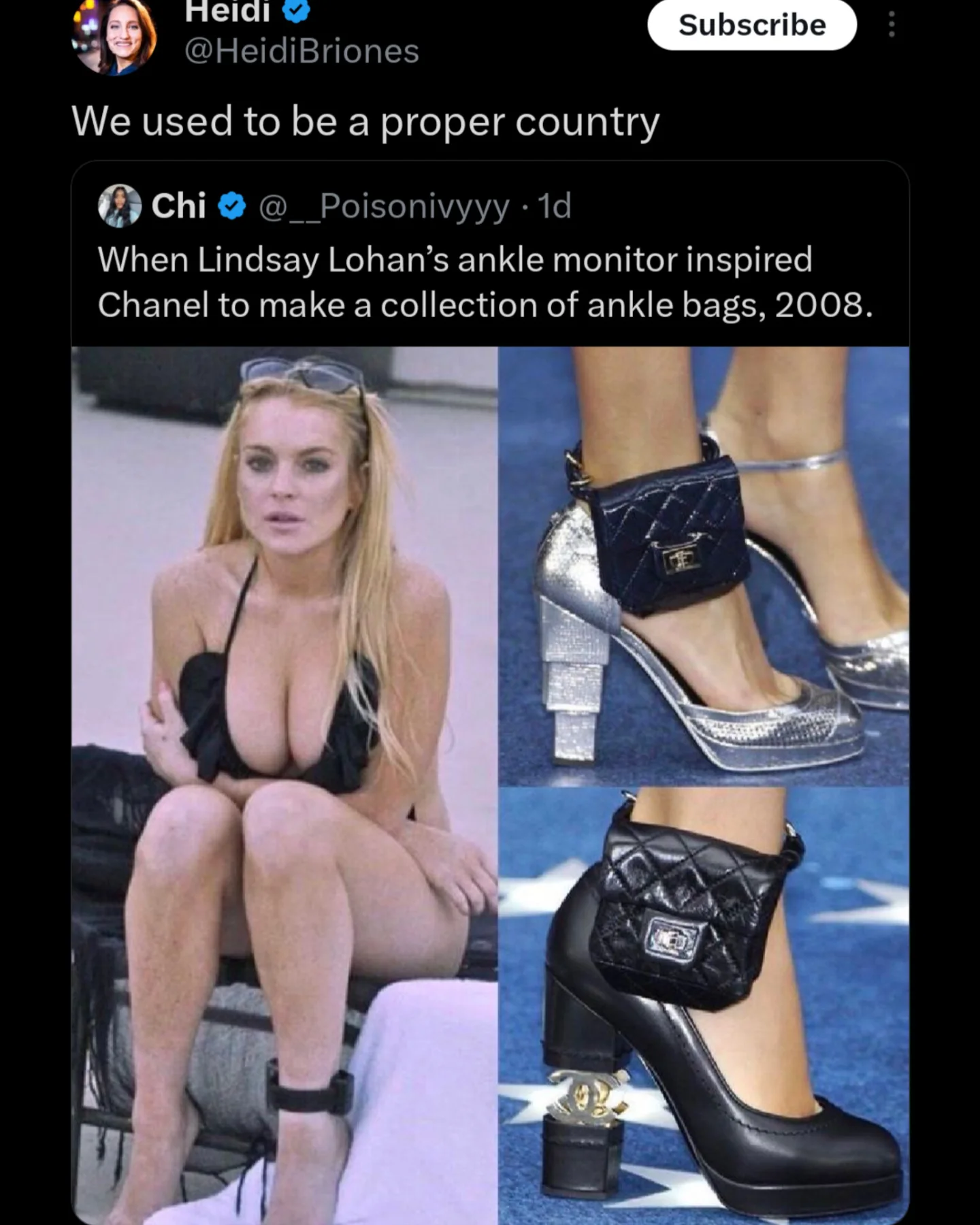 Collage comparing Lindsay Lohan's ankle monitor to a Chanel high-fashion ankle bag collection from 2008.