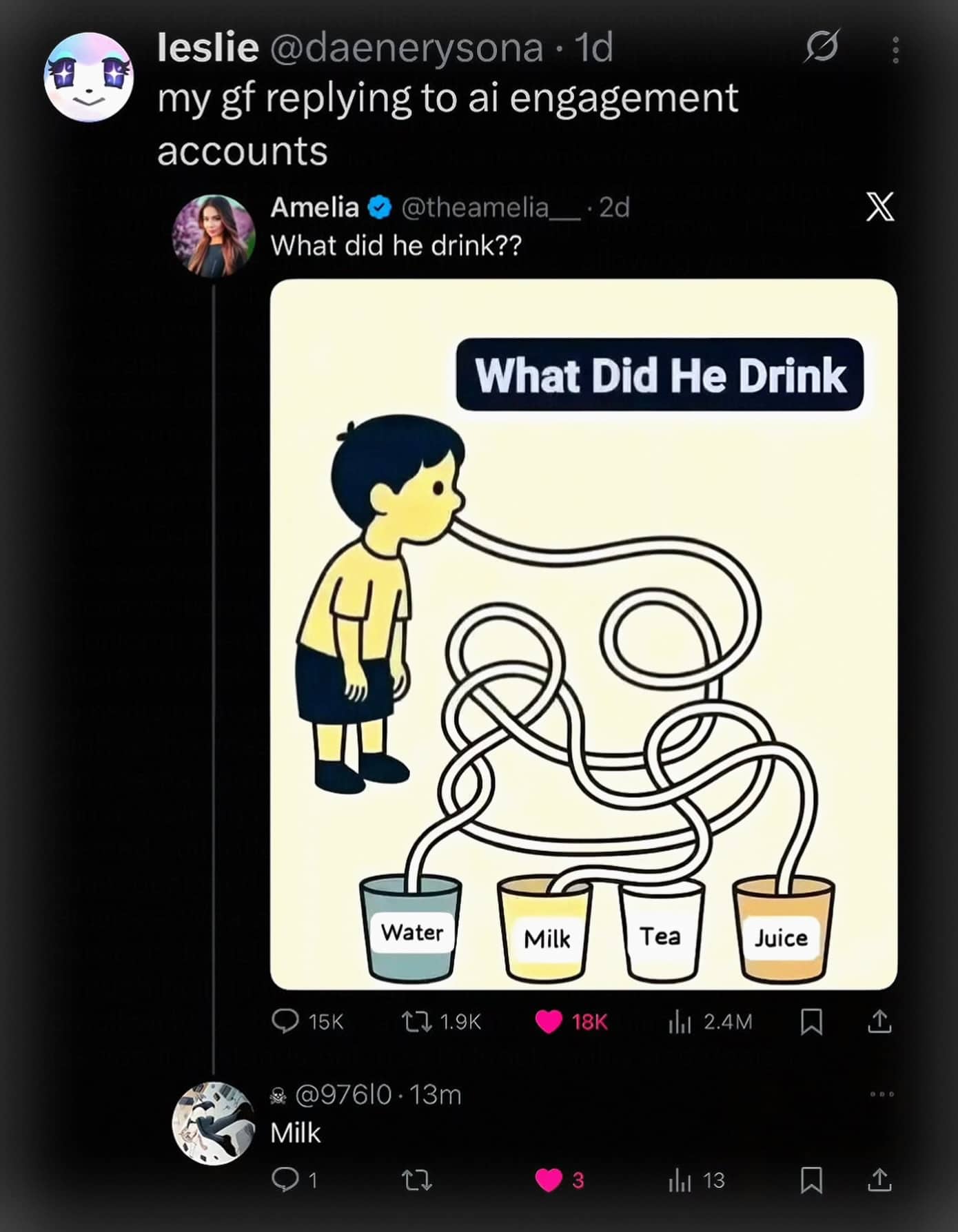 Twitter screenshot of a girl earnestly replying to a simple AI-generated puzzle about a boy drinking milk.