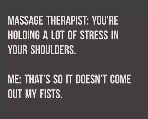 Text conversation between a massage therapist and a client about holding stress in shoulders versus fists.