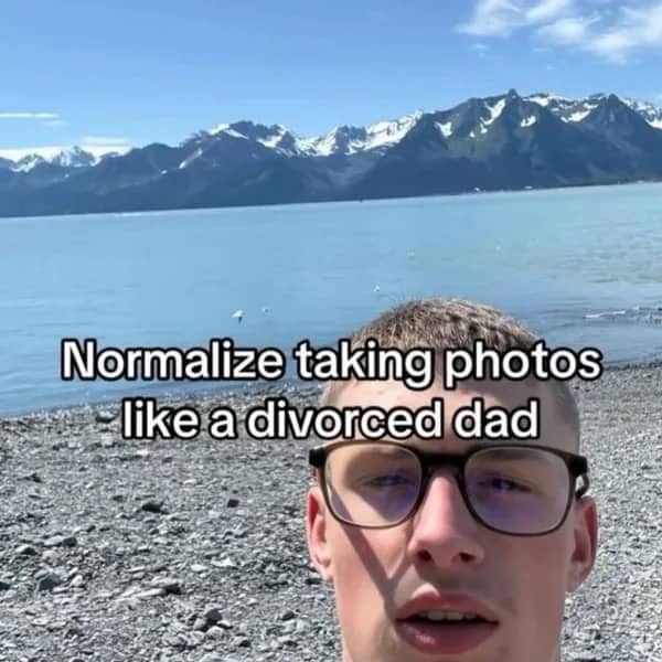 Funny memes selfie of a man at the beach with text about normalizing divorced dad photos.