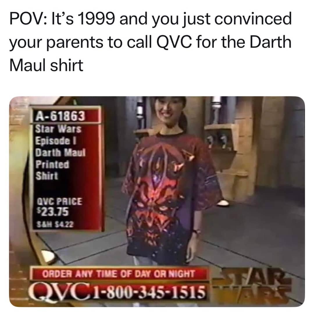 Nostalgic 1999 QVC screenshot featuring a Star Wars Episode I Darth Maul printed t-shirt for sale.
