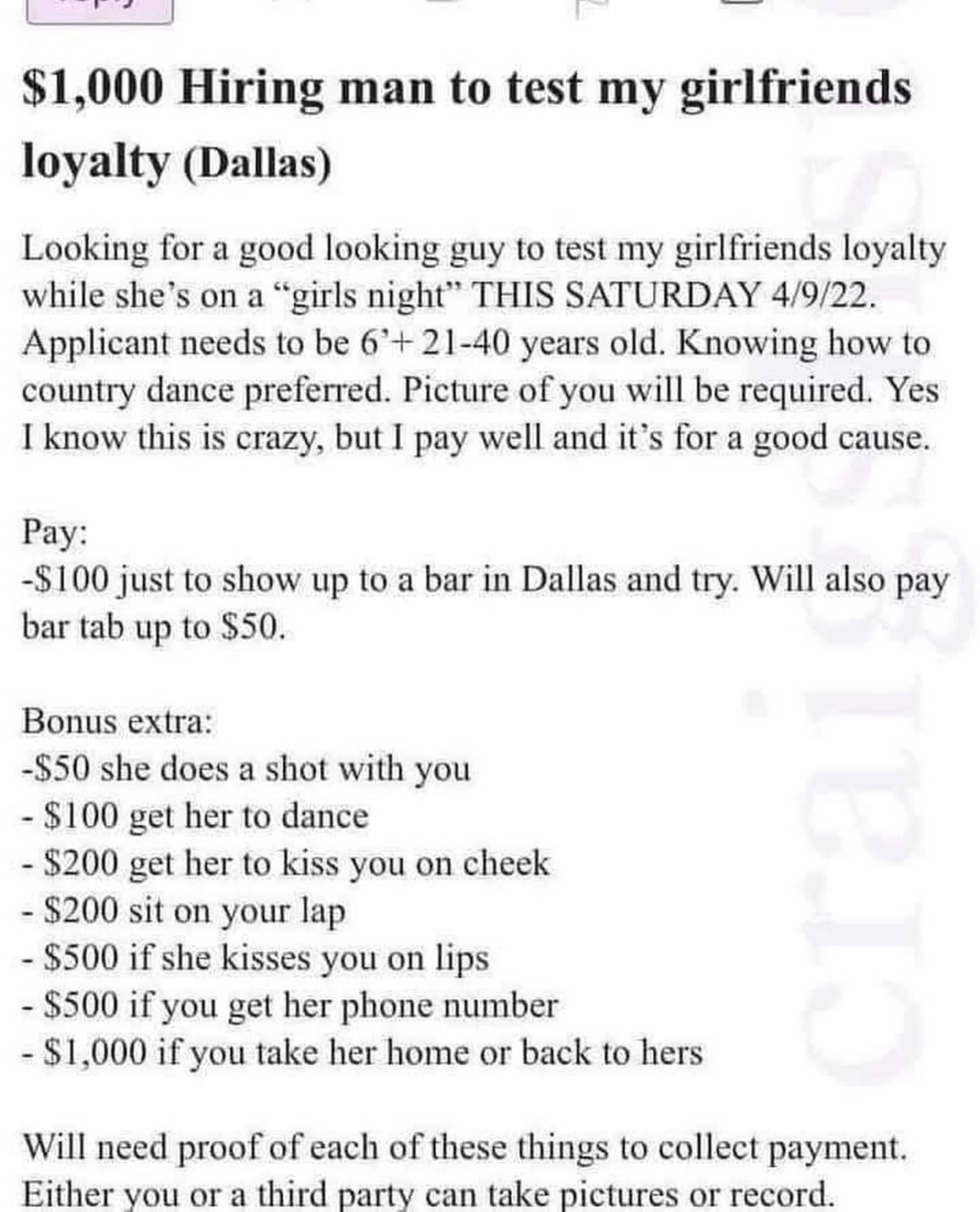 A humorous Craigslist ad offering one thousand dollars to a man to test a girlfriend's loyalty.