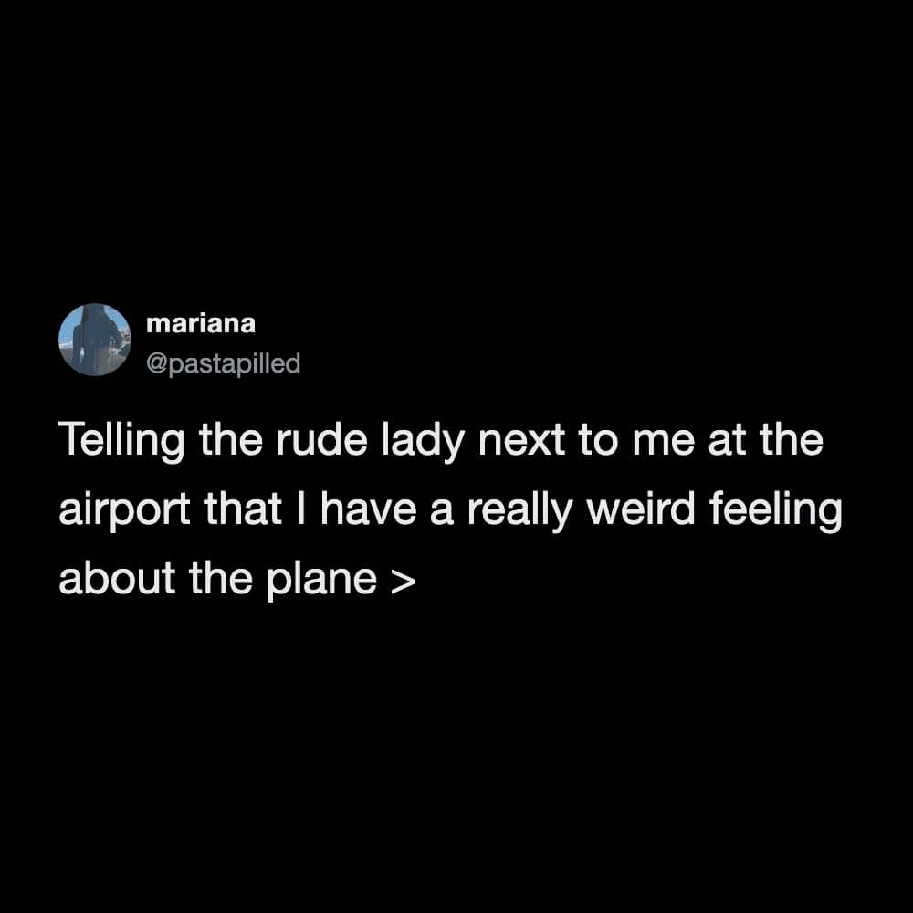 Social media post about a humorous way to scare a rude person at the airport.