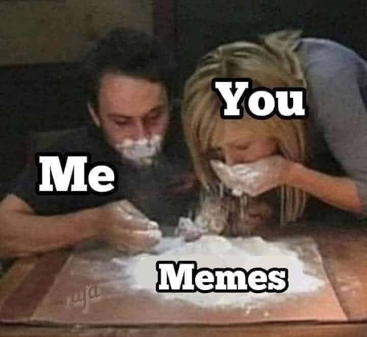 A funny memes depiction of two people enthusiastically consuming white powder labeled as memes.