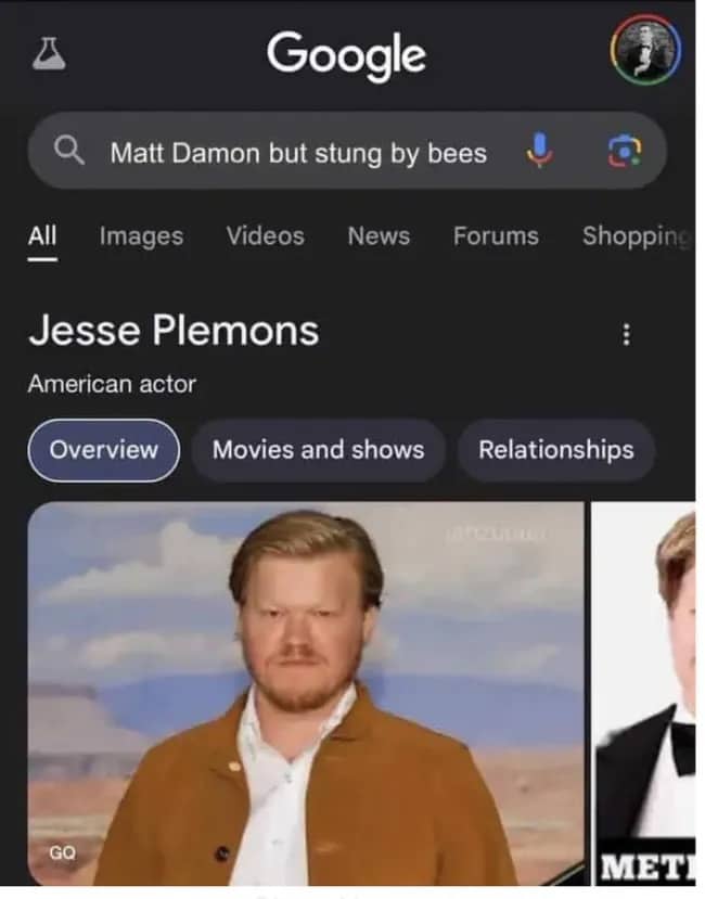 Google search result for Matt Damon but stung by bees showing actor Jesse Plemons photo.